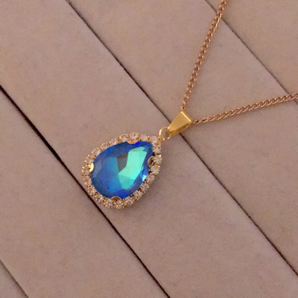 Sapphire Aurora Borealis + Gold Crystal Halo Drop Pendant Necklace - Picture 3 of 7
